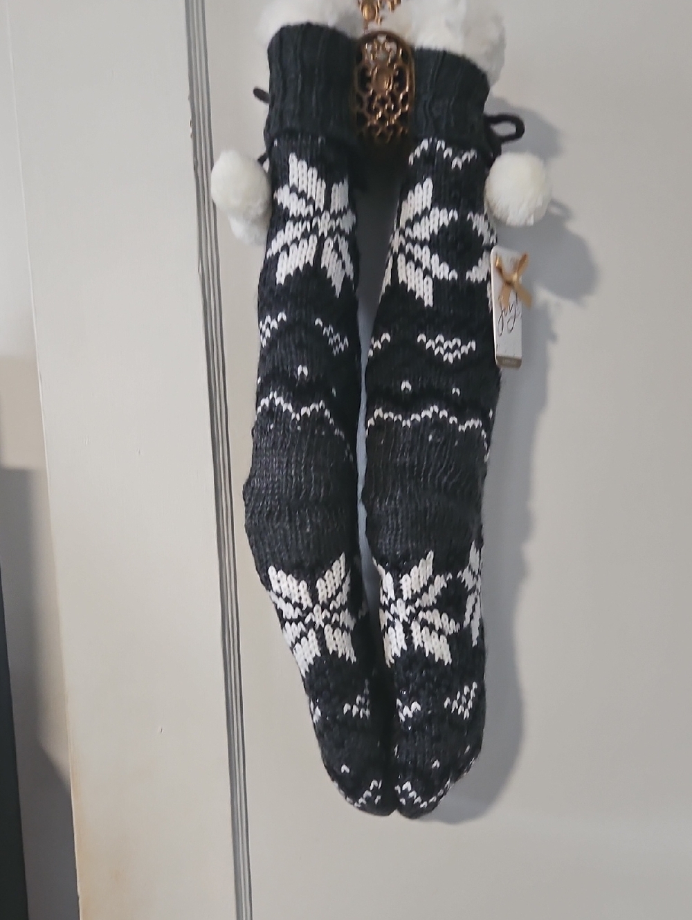NWT Black & White Nordic Slipper Socks  with Pom Poms